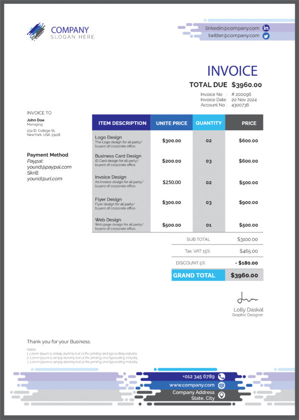 Unique Invoice Template (AI & PSD Formats)